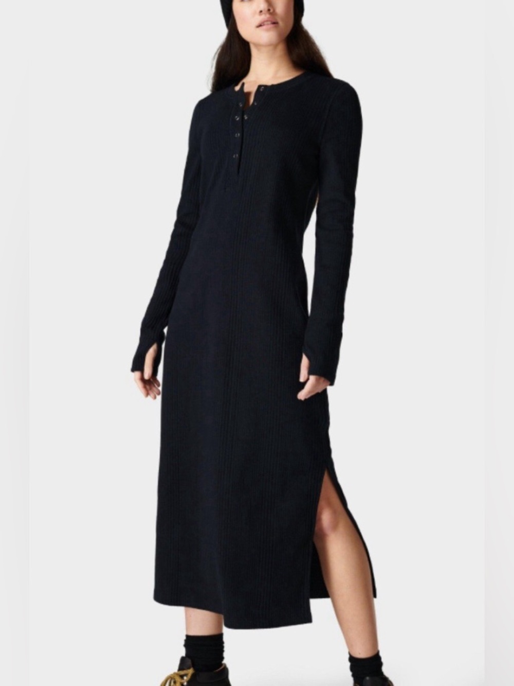 Sweaty Betty Womens Ribbed Knit Henley Midi Dress Side Slit Black Size XL